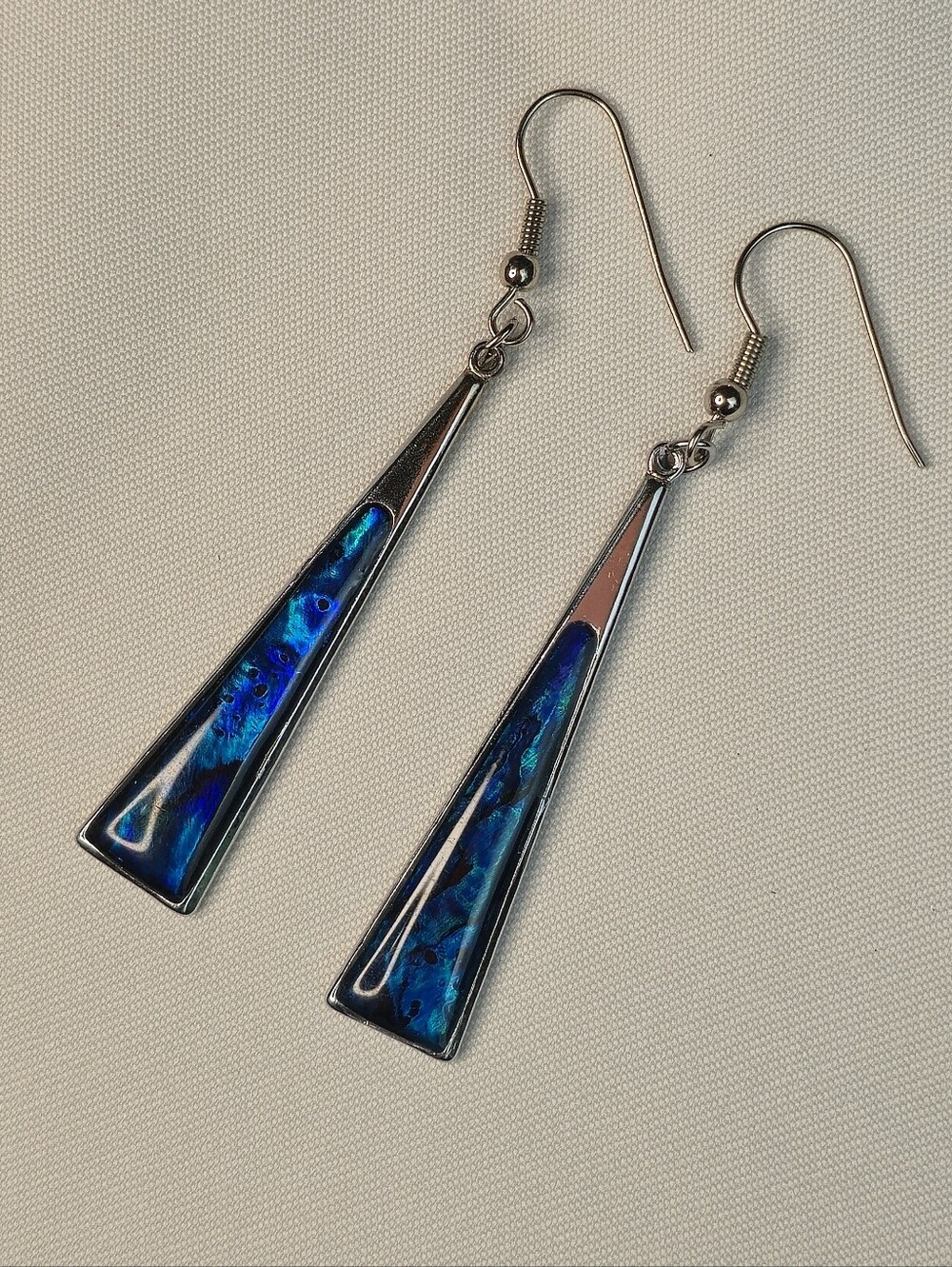 Vintage Blue Enameled Abalone Dangle Earrings Silver Tone Iridescent Hook
